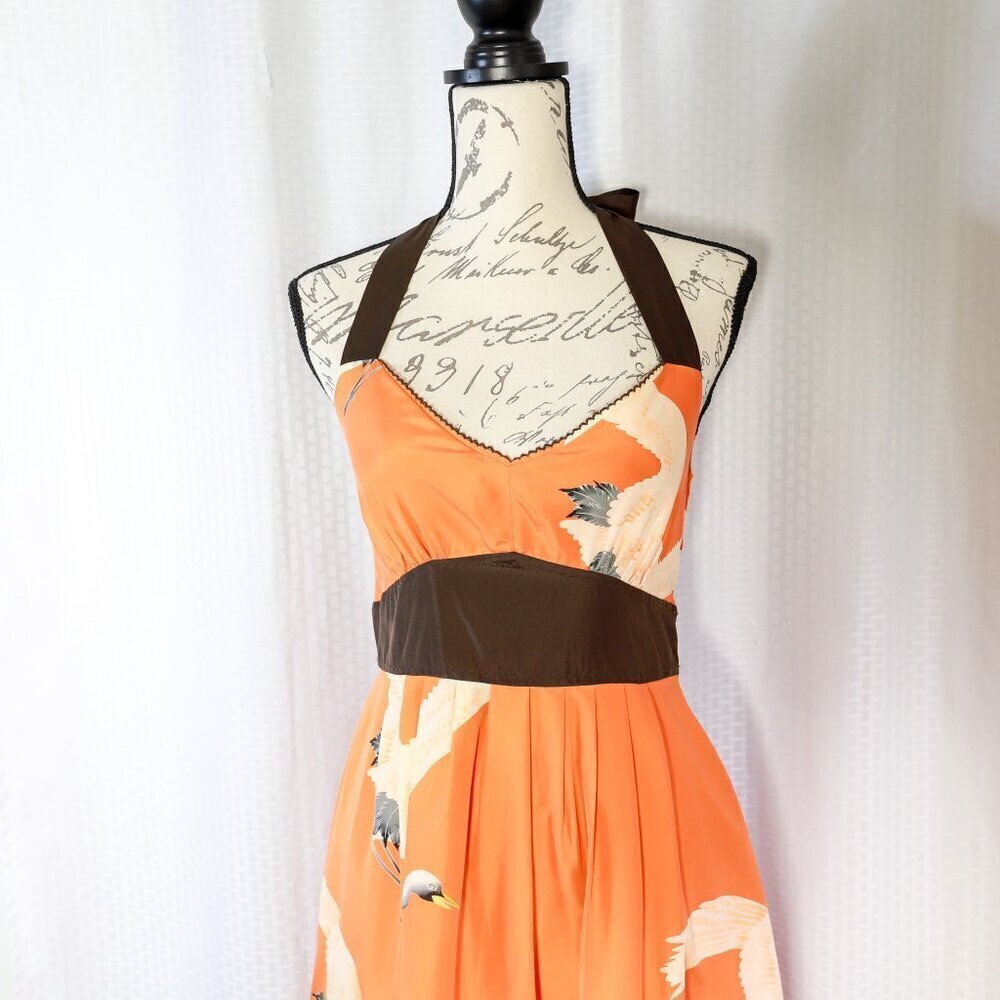Moulinette Soeurs Orange Halter Dress with Brown Accents - Picture 2 of 11